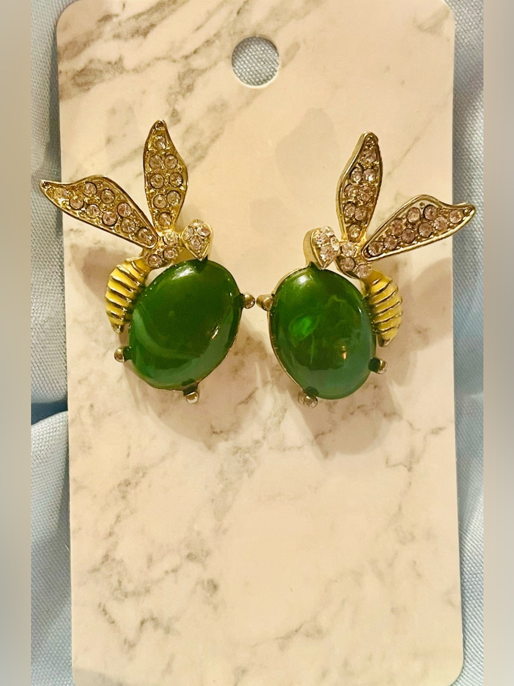 Gold-Tone Green Bee (Murder Hornet) Cabochon Stud Earrings